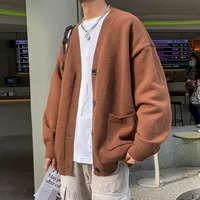 Retro Hong Kong Style Long Sleeve V-Neck Knitted Sweater Cardigan for Men Casual Pure Color Spring Autumn New Style Streetwear