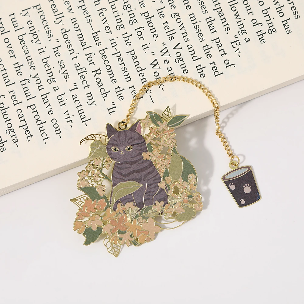 Flower Cat Metal Bookmark 1PC Classical Cute Style Student Gift Cultural and Creative Hollow metal bookmark animal bookmark floral painting bookmark retro flower bookmark bookmarks stationery supplies