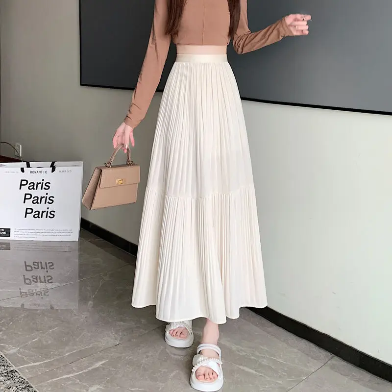 

2024 Spring Summer Women's New Long A-line Skirt Female Fashion High Waist Casual Skirts Ladies Solid Loose Pleated Skirts B88