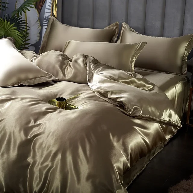 Set biancheria da letto in seta con copripiumino Lenzuolo Federa Lenzuolo in raso di lusso Tinta unita Doppio Singolo King Queen Full Twin Size 4