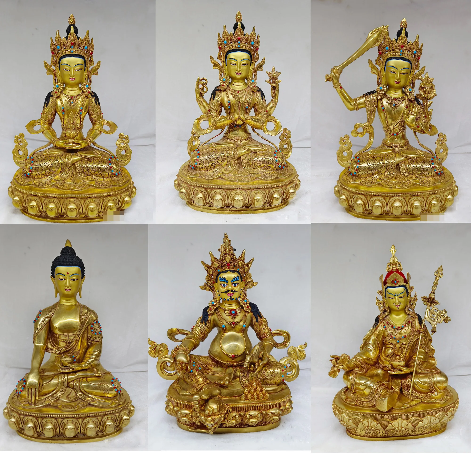 

33CM large Tibet Nepal GOOD Buddha statue Sakyamuni Guru Padmasambhava Jambhala guanyin Jambhala fortune god copper gold-plating
