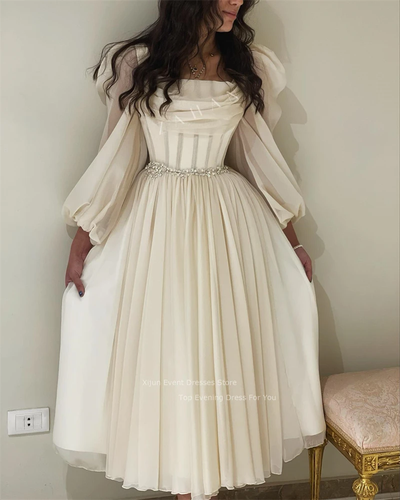 Women Prom Dresses Chiffon Long Sleeves Prom Dresses Pleats Crystal Beaded Prom Gowns Formal Party Elegant Gowns Dubai Evening Dress