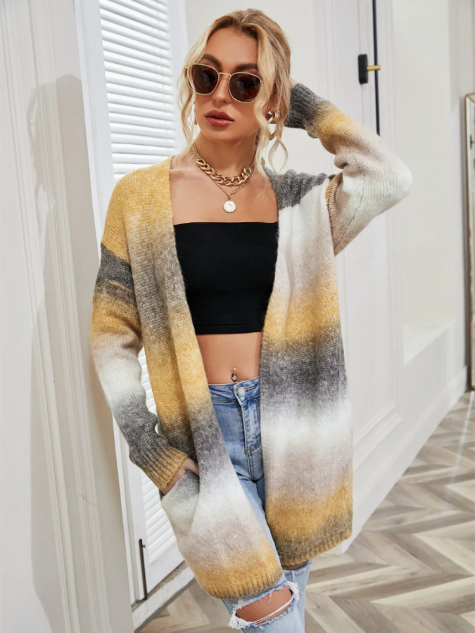 2024 New Winter European American Sweaters Rainbow Tie-dye Mid-length Oversized Cardigan Women Knitwear Jacket Long Sleeved Tops