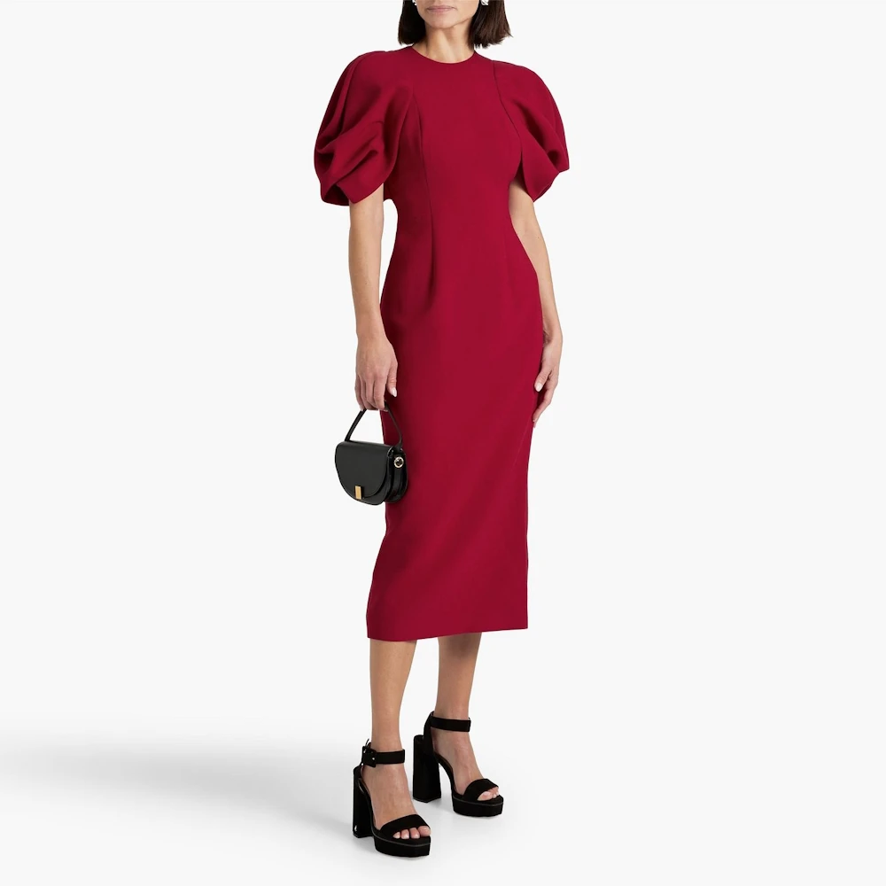 

Muloong Red O Neck Midi Dress With Back Bow Cape Sleeves Classic Evening Dress 2023 Mermaid Saudi Aribia Cocktail Party Dress