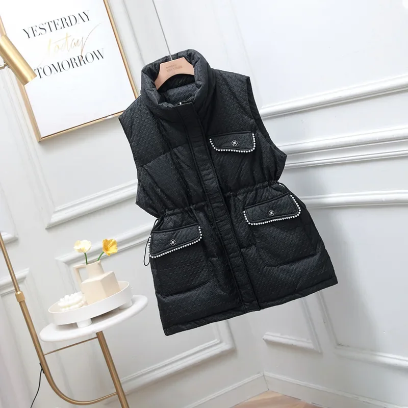 Women's Down Vest Loose Jacket Black Plus Size Winter White Duck Single-breasted Sleeveless Coats Stand Collar Drawstring Tops