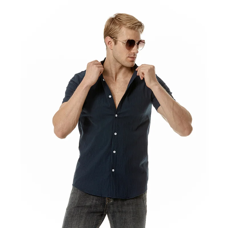 

4 Colors!2023 Summer New Men's Cotton Hemp Henry Neck Shirt High Quality Casual Solid Beach T-shirt mens shirts