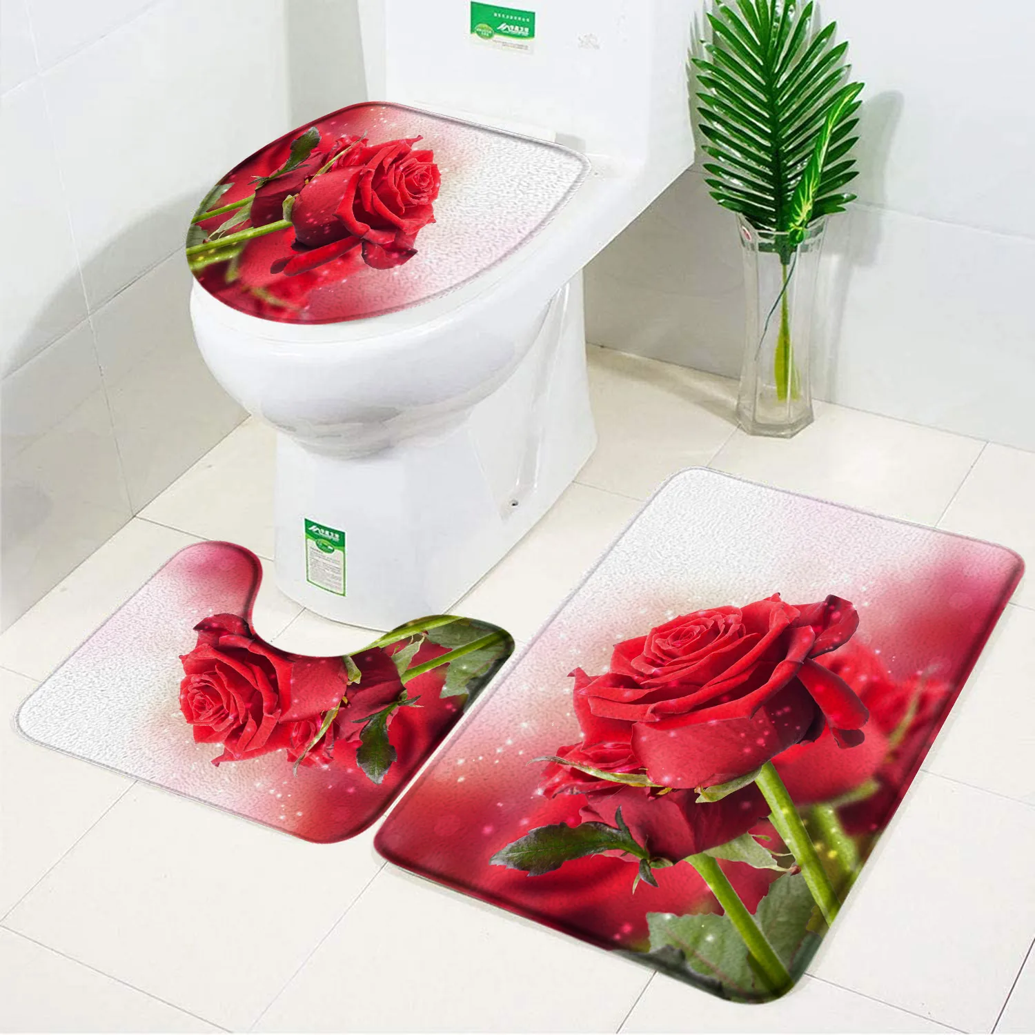RoseFlowerBathMatSetRedFreshFloralsFieldsandGardenPlantNon