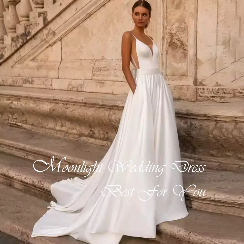 Modern Pleat Bow V-Neck A- Line Wedding Dress 2026 Sleeveless Spaghetti Straps Backless Bridal Gown Vestidos De Novia Customized