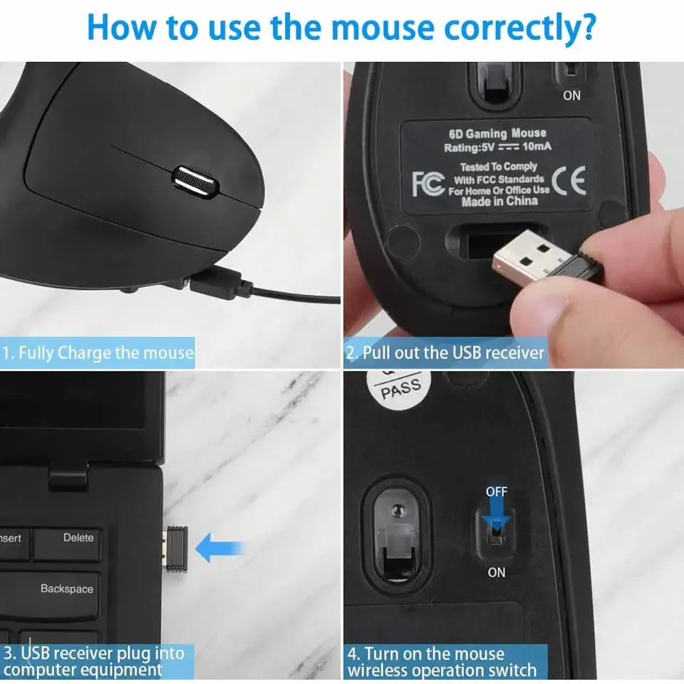 Vertikale ergonomische kabellose wiederaufladbare Gaming-Maus (optisch, 2,4 GHz) für Computer, PC, Laptop und Desktop (USB)_voghion.com