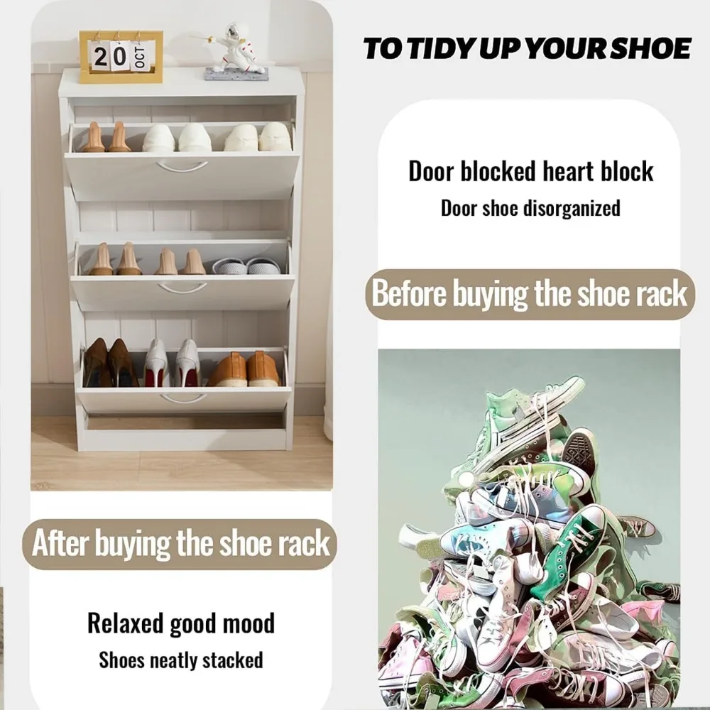 White Narrow Storage Cabinet Flip Down Shoe Rack Wood 3 Tier Shoe Organizer for Home and Apartment, Shoes Cabinets 5
