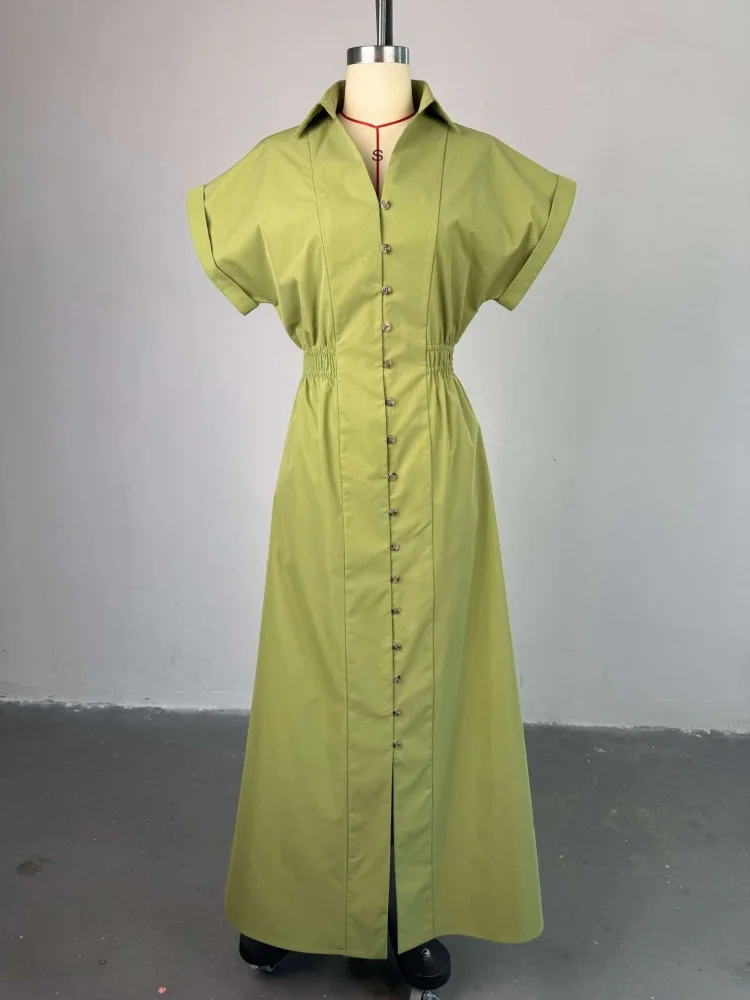 Wmstar 2025 New Women Fashionable Elegant Dress Button Down Shirt Dress Scoop Neck  Short Sleeves Waist Cinching Split Dress