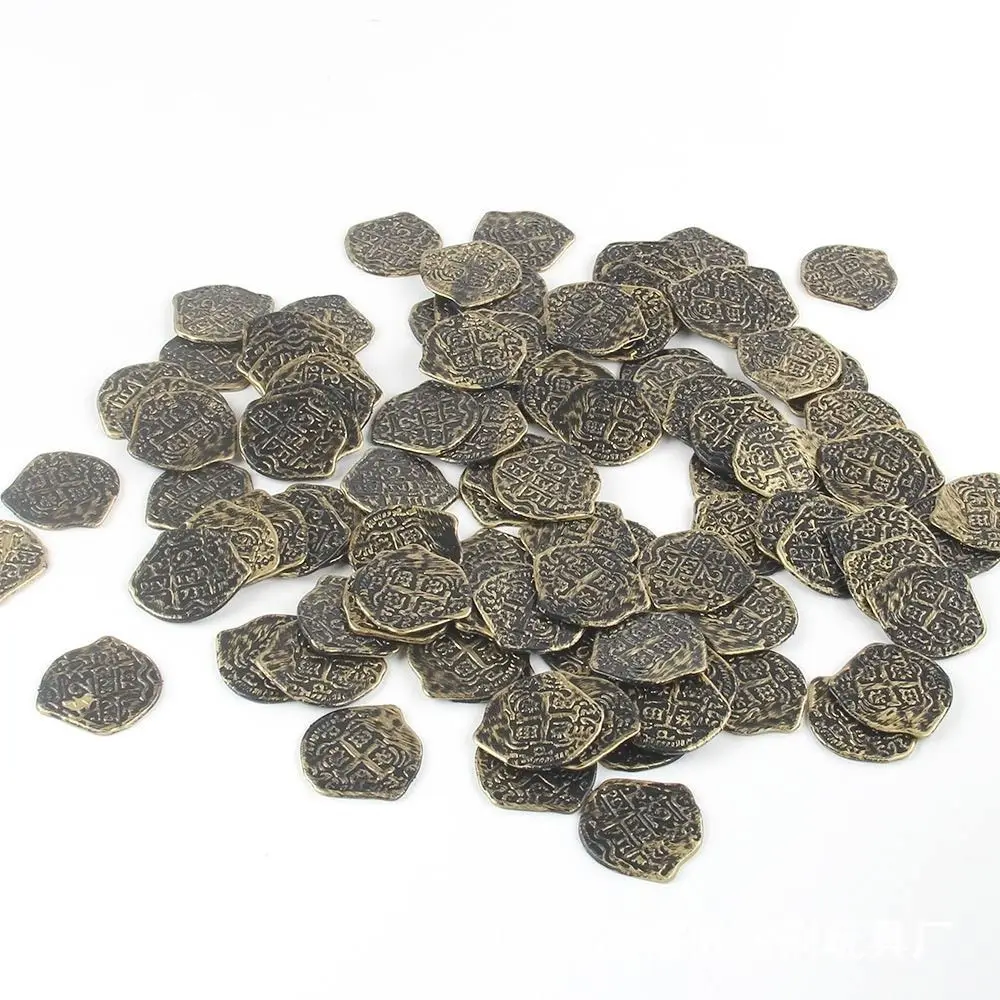 100PCS Halloween Pirate Treasure Coins Gold Silver 3.7*3.5cm Plastic Game Currency Toy Coins Photo Props Festival Ornament