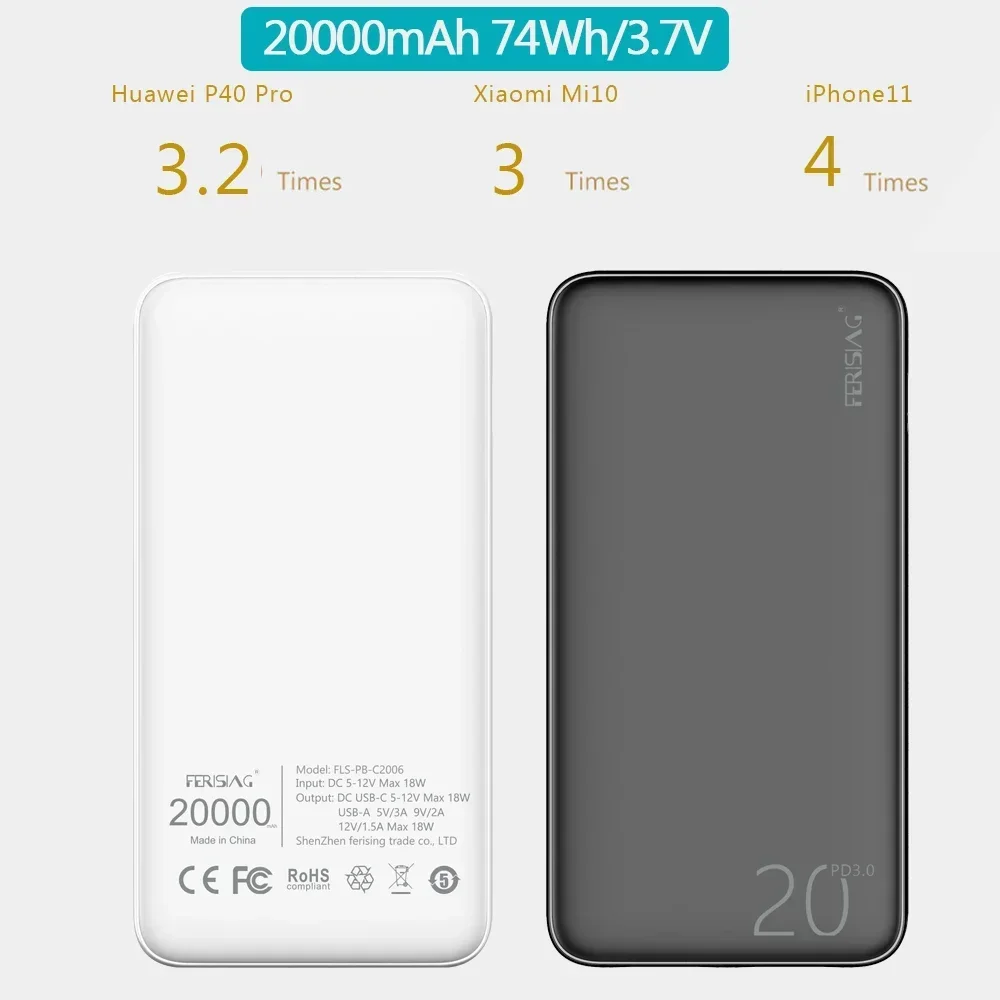 FERISING Power Bank 20000mAh Portable External Battery Charger QC PD 3.0 Poverbank for Xiaomi 20000 mah VOOC PowerBank 2