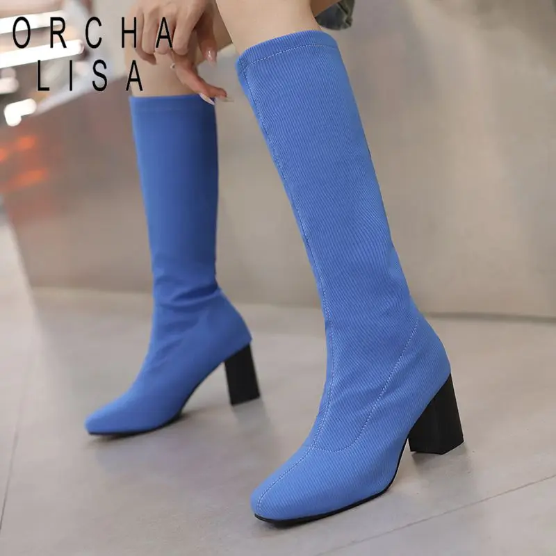 

ORCHA LISA Stretch Boots Square Toe Chunky Heels 7cm Slip On Large Size 45 46 47 48 Sexy Concise Dating Female Knee High Booties