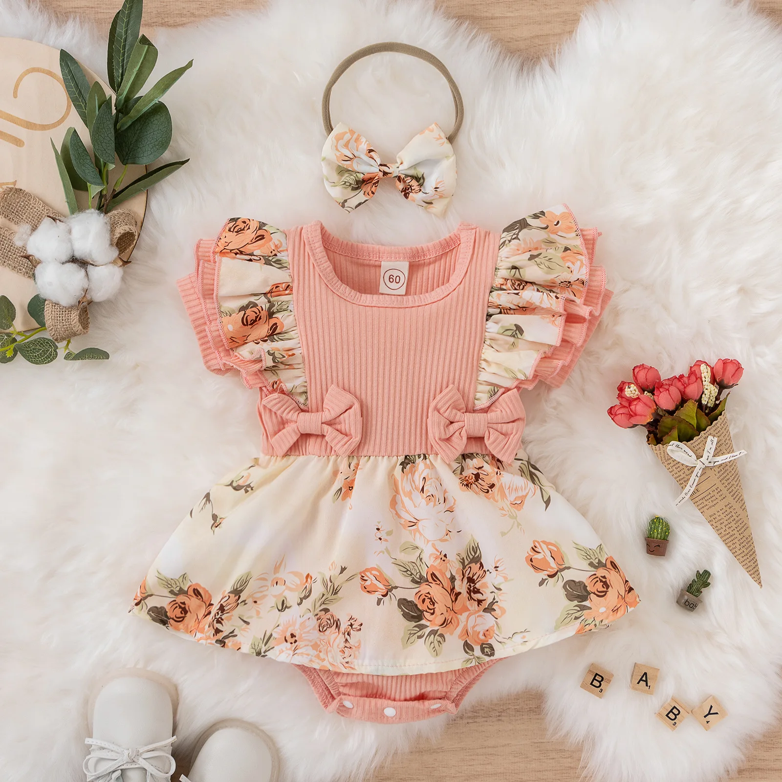 

Newborn Baby Summer Bodysuits for Girls Fashion Floral Print Bow Mesh Romper Dress New Cotton Short Sleeve Kids Clothes