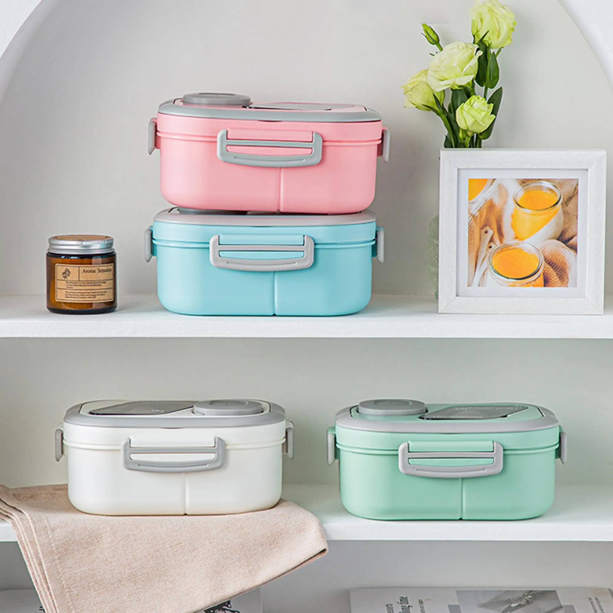 Large 43oz Salad Bowl, Bento-Style Tray for Toppings, 3oz Sauce Container for Dressings and Built-In Reusable Fork BPA Free