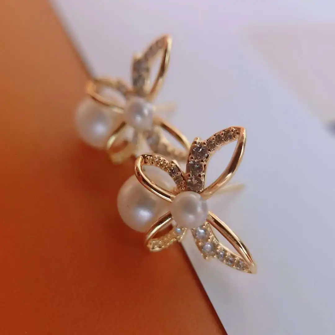 

Net Red Hot 18K Gold plated Butterfly Earrings 3-4MM+7-8MM Ball Half Hole High Quality Freshwater Pearl Earrings