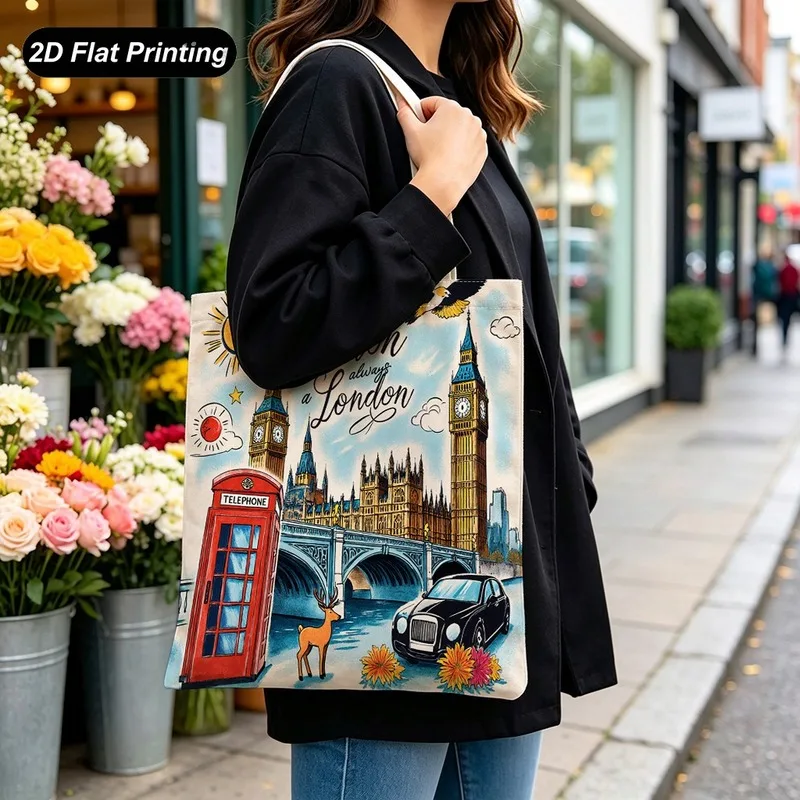1PC【Tote Bag】Chic London-Style Printed Tote - Large Capacity for Shopping, Travel, and Daily Commute
