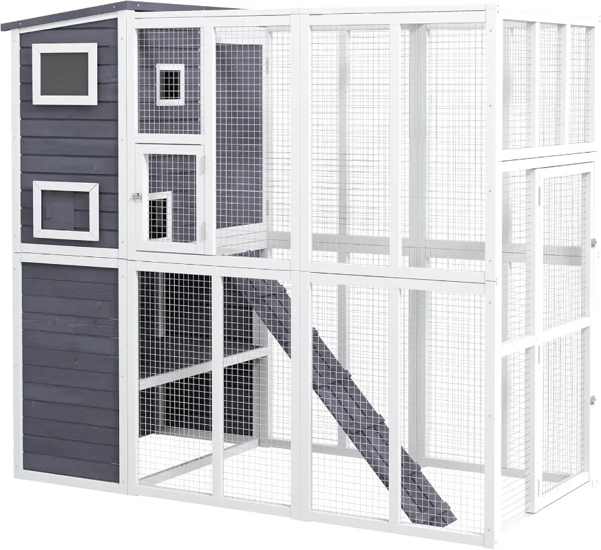 Outdoor Catio Cat House Wooden Feral Cat Shelter Cage with Platforms Waterproof Asphalt Roof Ramps 77" L Light Gray