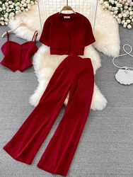 Vintage Women Three Pieces Set Elegant V-Neck Short Blouse + Strap Camis + Wide Leg Pants Suit Green/Red/Yellow Spring Fall 2022