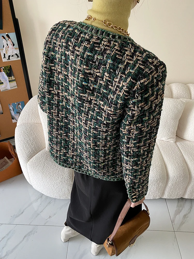 EAM] Dark Green Button Plaid Tweed Elegant Jacket New O-neck Long