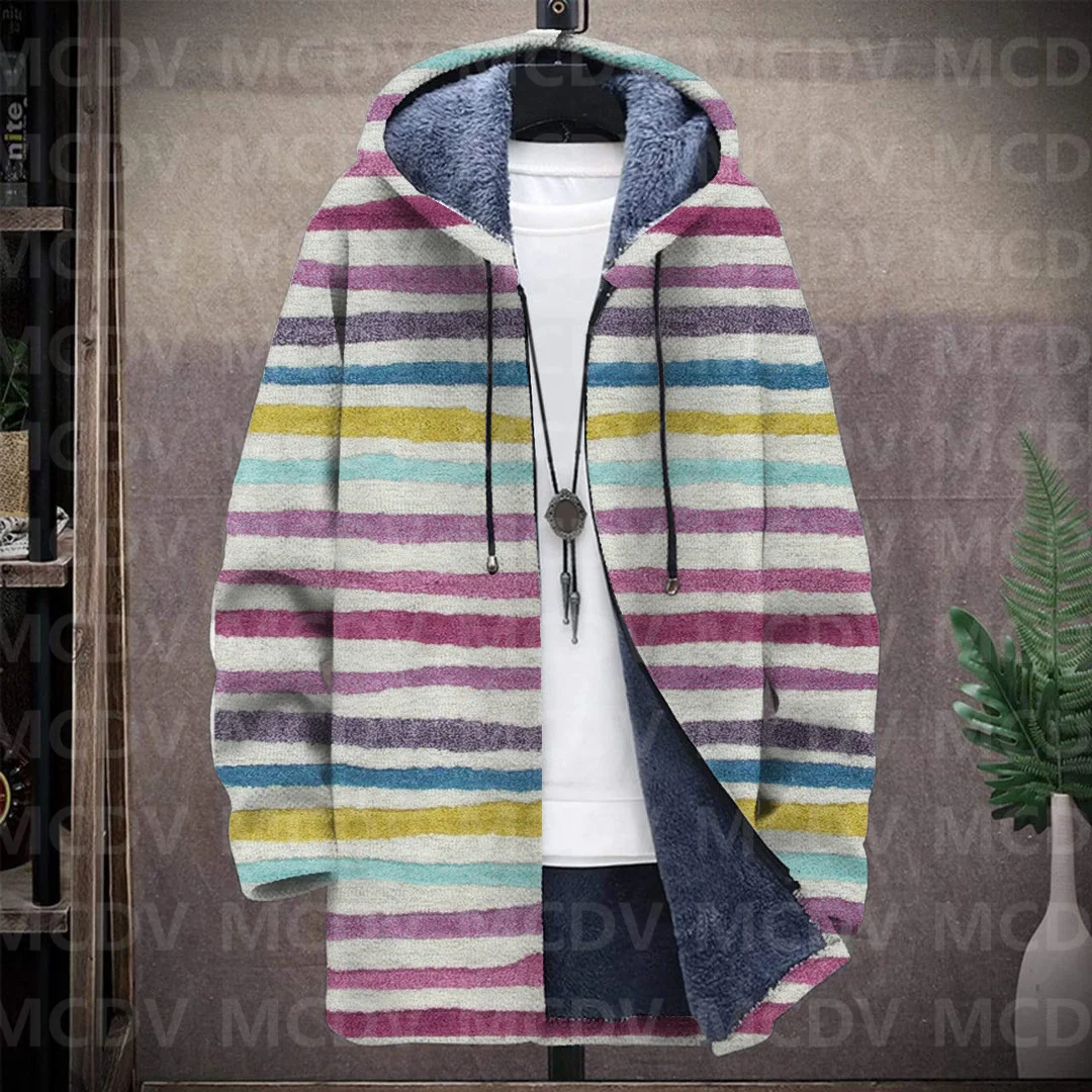 Men's Retro Stripe Print Plush Thick Long-Sleeved Coat Fleece Hooded Overcoat Unisex Thick Warm Jacket