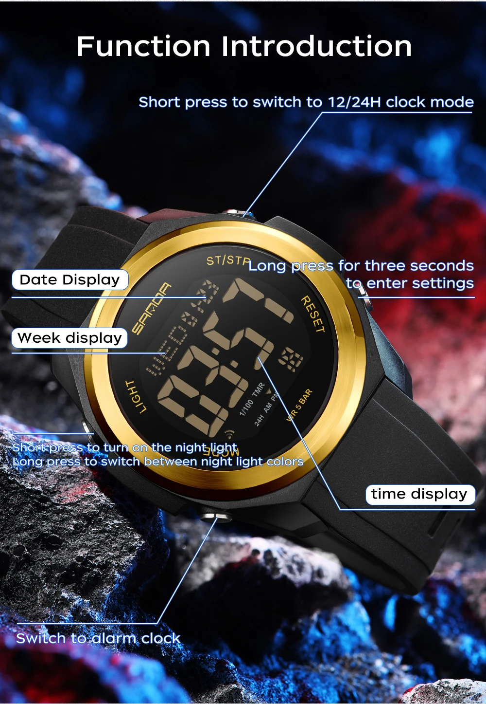 Student Digital Electronic Watch Sports Multi Functional Waterproof Colorful LED Men's Electronic Watch_voghion.com