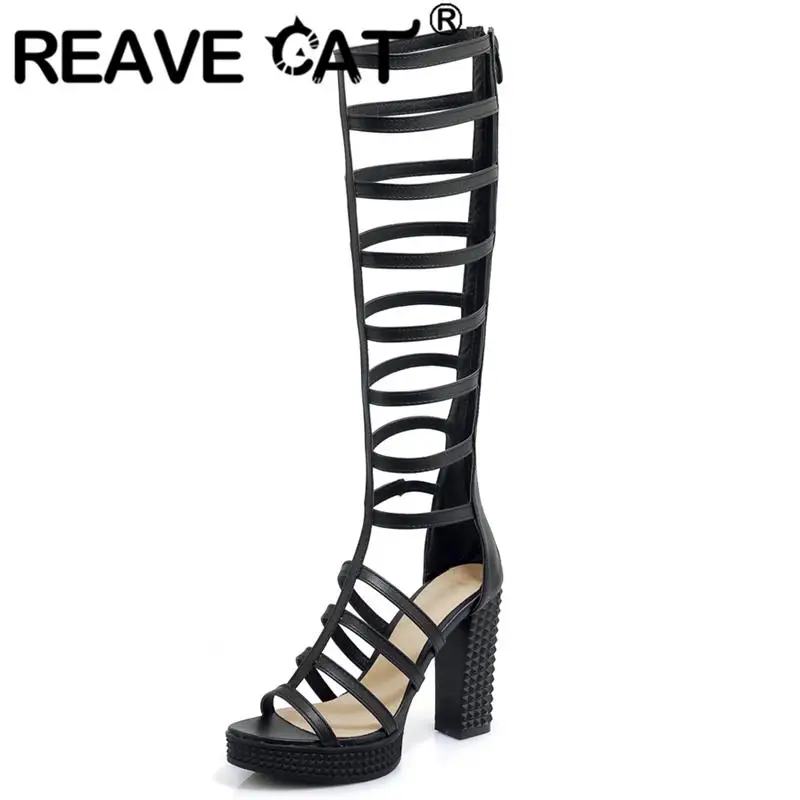 

Женские туфли на платформе REAVE CAT, однотонные черные и белые туфли на блочном каблуке с застежкой-молнией и вырезами, обувь для свиданий, S4037