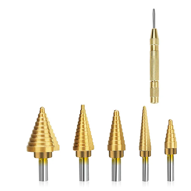 

6 шт., ступенчатые сверла с титановым покрытием AT35