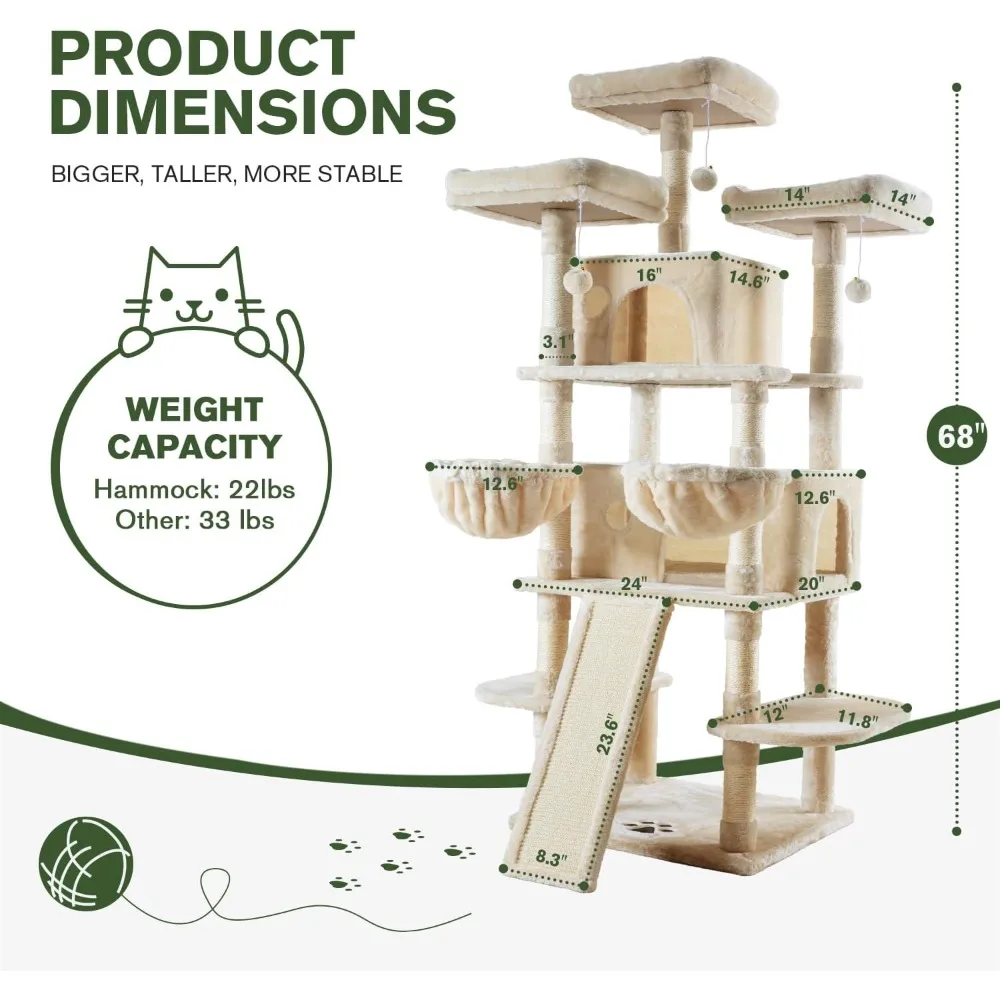 68-Inch Multi-Level Cat Tree Tower for Large Cats 2