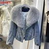 Womens Coats Spring 2025New 100%Natural Real Fox Fur Collar Fashion Short Denim Jacket Luxury Goose Down Puffer Jackets Clothing 2