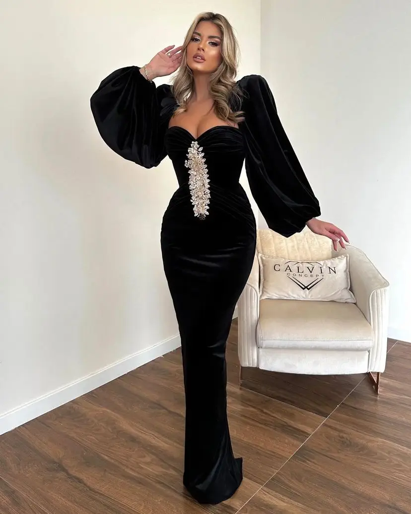 

Off Shoulder Velvet Prom Dresses Long Sleeves Evening Dresses Stretch Without Split Emerald Mermaid Formal Party Dress
