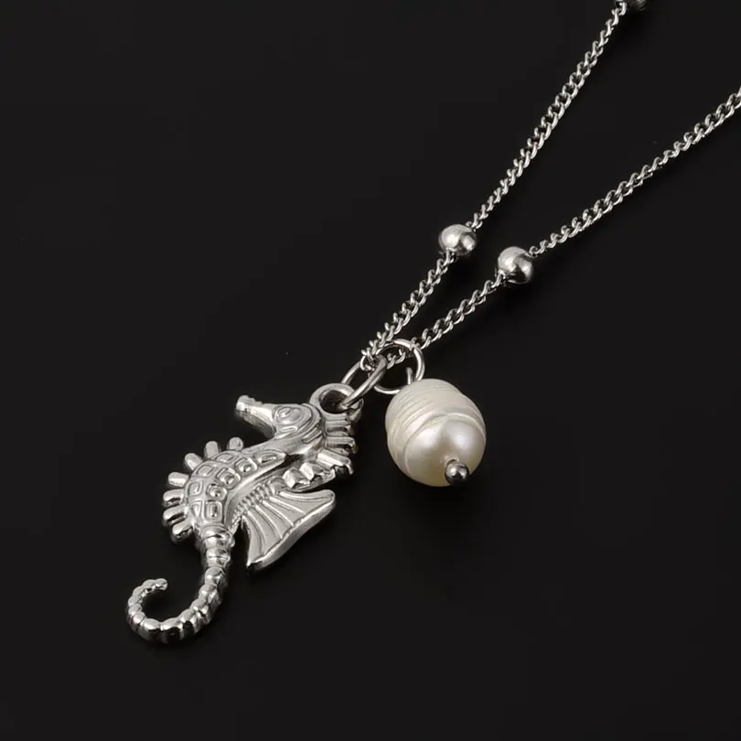 Mode Meer Halskette Edelstahl Shell Schildkröte Seepferdchen Anhänger Halsketten Für Frauen Männer Einstellbare Perle Kette Am Hals – Detail 4