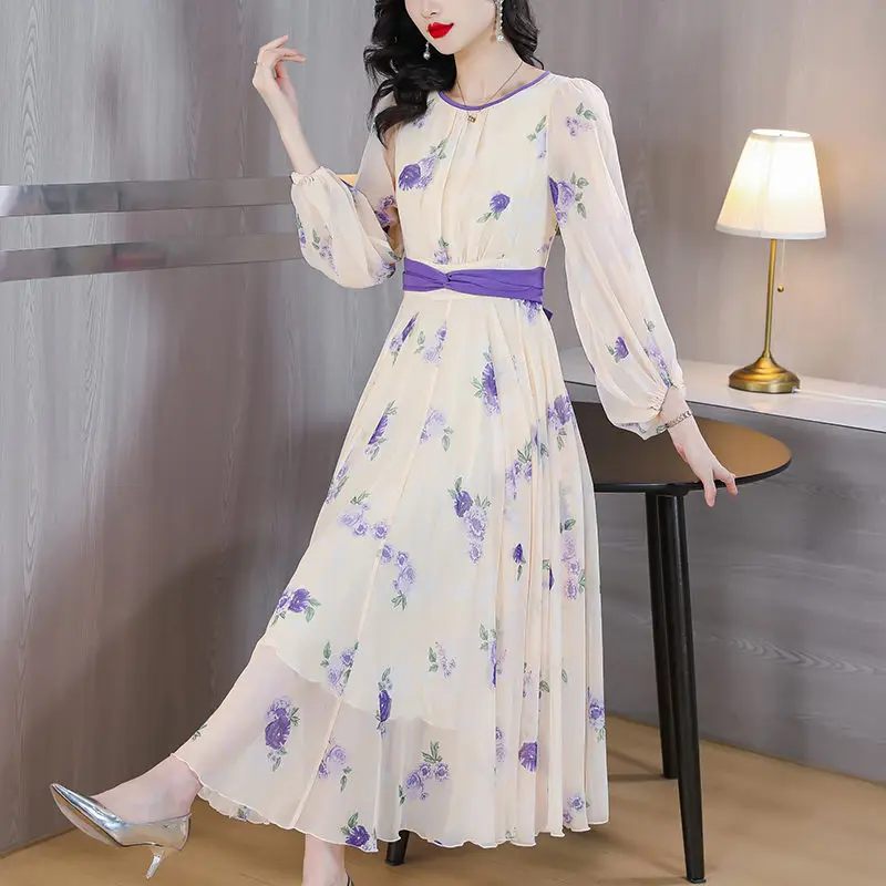 

2023 Summer Elegant Women Printed Dress Fashionable Temperament Slim Mid Length Long Sleeve Chiffon Lace Up Vestidos Z1303