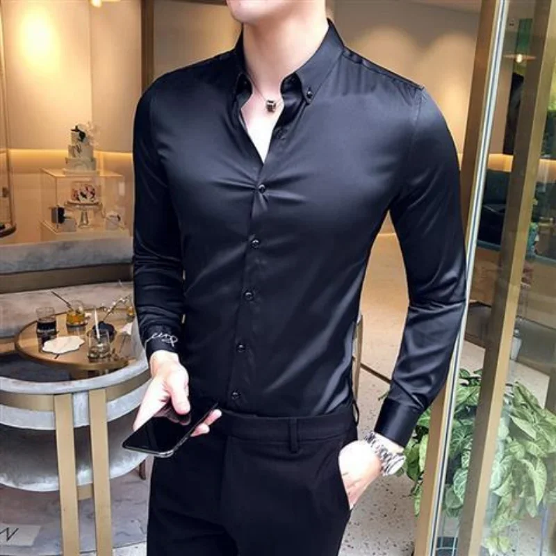 Plain Long Sleeve Shirts and Blouses for Men Business Silk Summer Button Man Tops Fashion 2023 Social High Quality Clothing S I