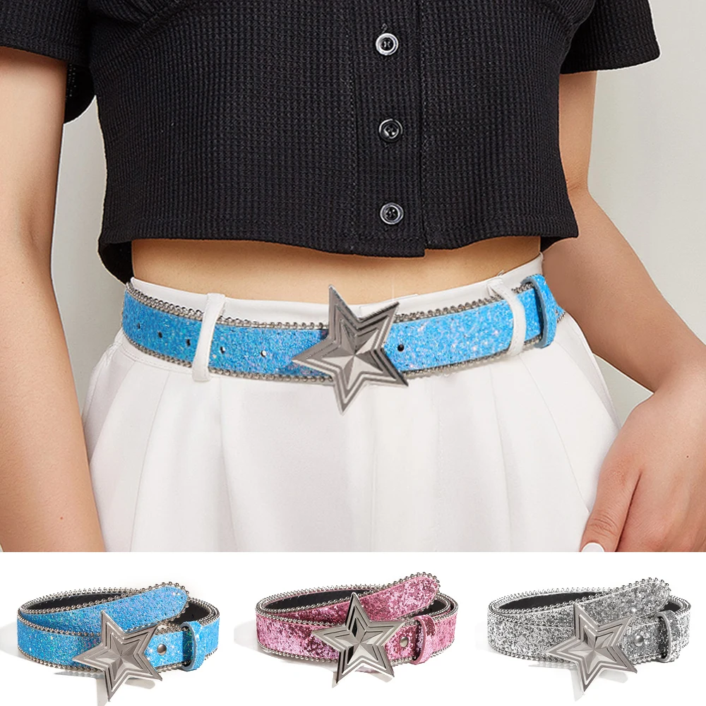

Jeans Dress Decorative Waistbands Solid Color Women's Star Buckle Belt Sequin Leather Waist Strap Beaded Edged Party Waist Belt