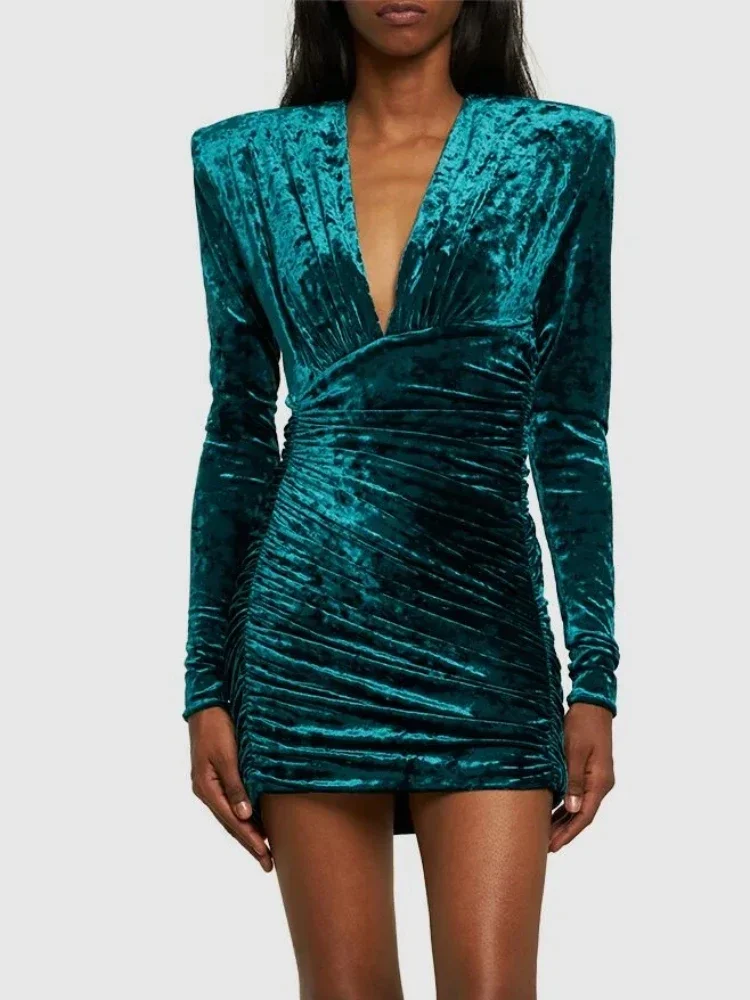 

Sexy V Neck Long Sleeve High Waist Folds Mini Dress Women Cypress Green / Purple Velet Pleat Bodycon Dress Elegant Praty Evening