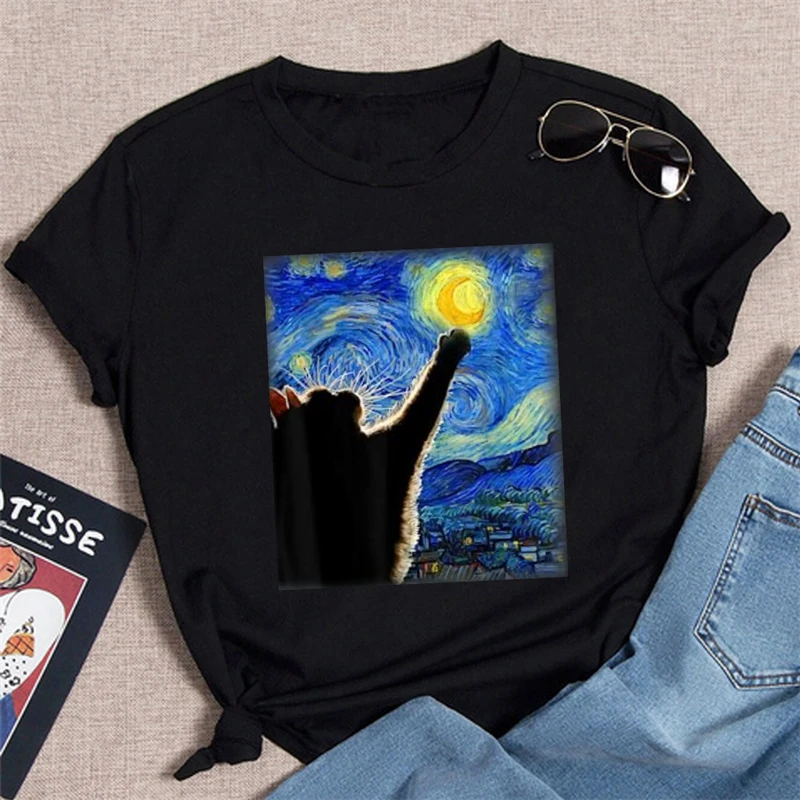 

Camiseta con estampado de Van Gogh para mujer, camisa blanca de manga corta con estampado de gato nocturno estrellado, estética,