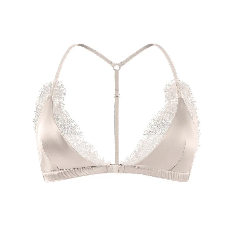 Birdtree 93% Silk 7% Spandex Women Lace Bra,Wireless Pitted Triangle Cup Front Closure Bralette,2026 New Underwear A61403JF