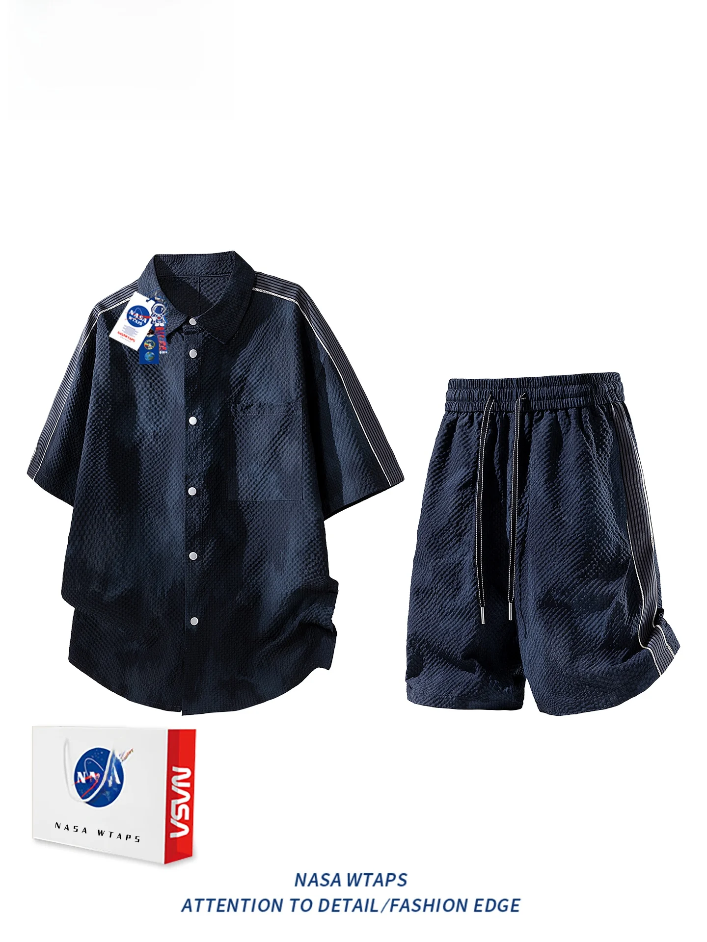 WTAPS 남성용 여름 아이스 실크 캐주얼 스포츠웨어 반팔 세트 반팔 폴리에스터 섬유 셔츠 반바지 청소년용