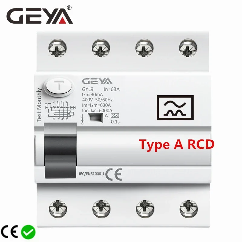 GEYA Type A RCD Magnetic Residual Current Circuit Breaker ELCB 3P+N 40A 63A RCD ELCB Detect Pulsating DC Residual Current