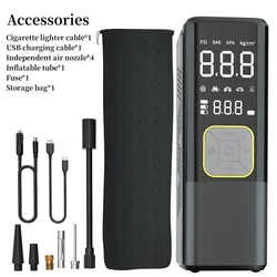 Compact Wireless Air Pump with Digital Display - 150PSI Electric Tire Inflator for Vehicles & Sports Equipment (Dual power supply 4)