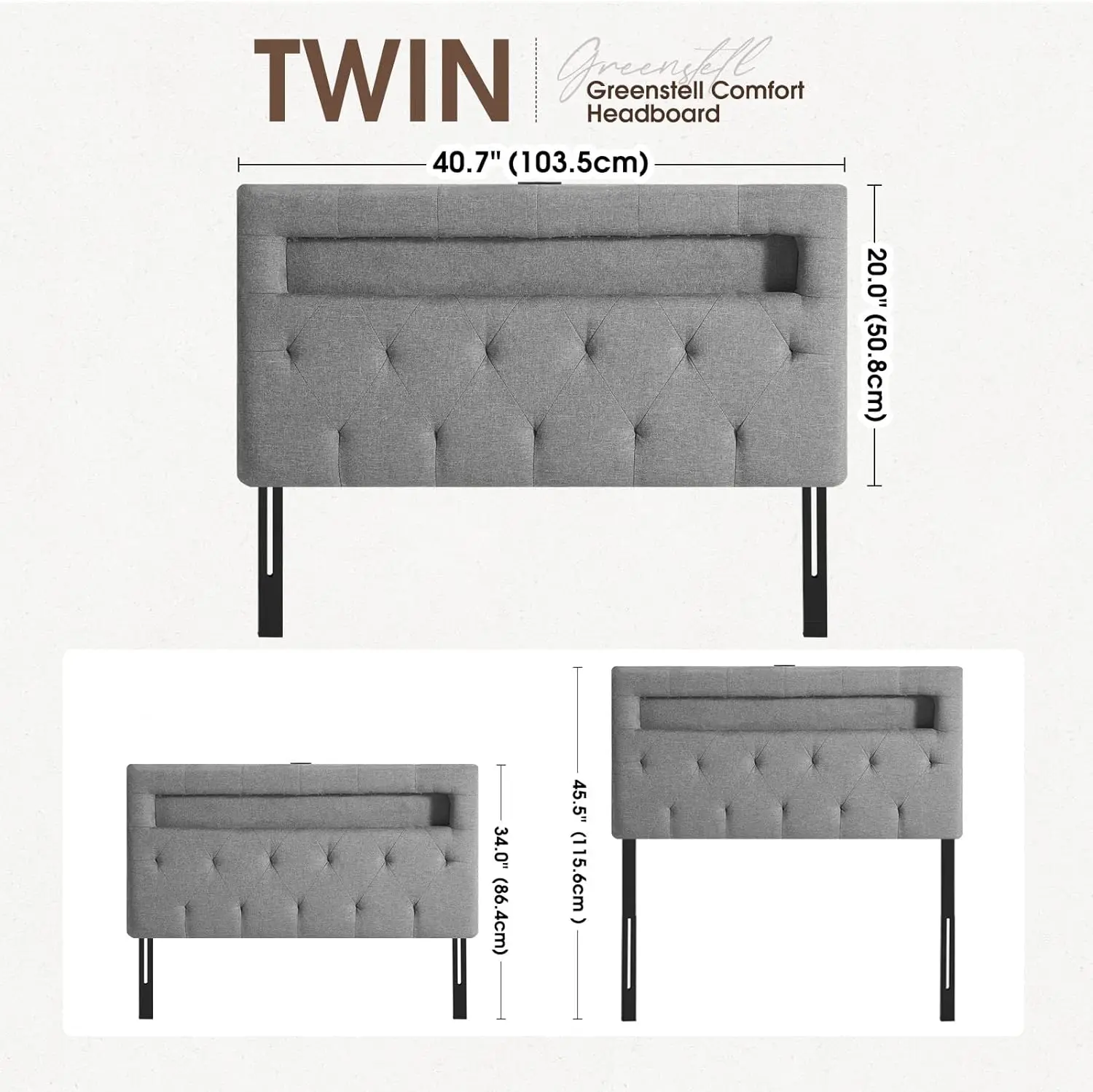 Headboard for Twin Size Bed with 60000 DIY Color of LED Light USB & Type C Post Attach Frame Height Adjustable