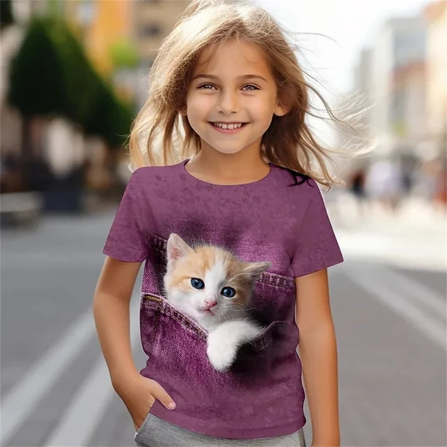 

Kids Girls' Clothes 3D Cat Print Tee Shirt Short Sleeve Children's Clothing Fashion Costumes for Girls Top Aged from 2 To12 Year