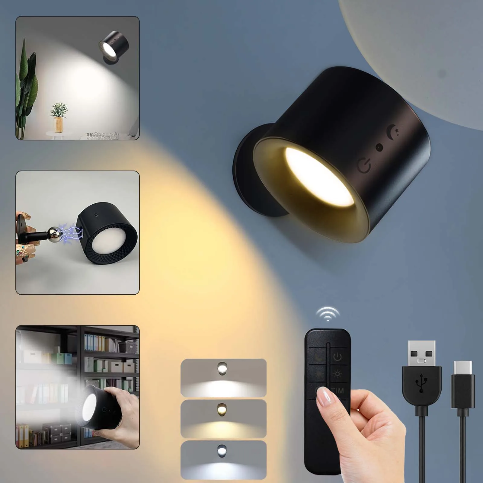 Led Double Head Wall Lamp Touch Control Remote 360 Rotatable USB Recharge 3Colors Wall Lights Wireless Night Lights Bedroom led wall lamp wall lamp wall sconces light