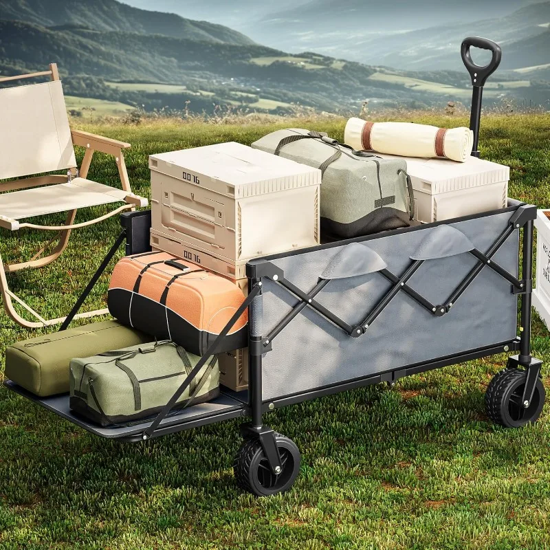 265Lbs Collapsible Foldable Wagon, 45" Extra Long Beach Wagon Cart Heavy Duty Utility Wagon with Folding Tailgate, All-Terrain