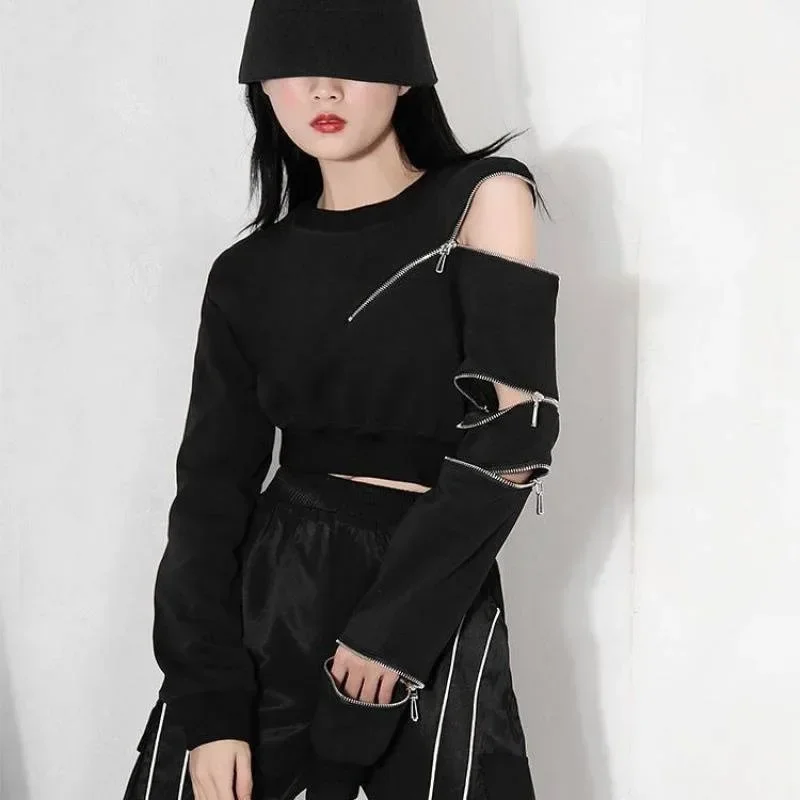 Cropped Sweatshirts Fashion Hoodies Women O-neck Zipper Goth Pullovers Y2k Hollow Out Sexy Korean Sweatshirt Kpop Ropa Mujer 후드티 4