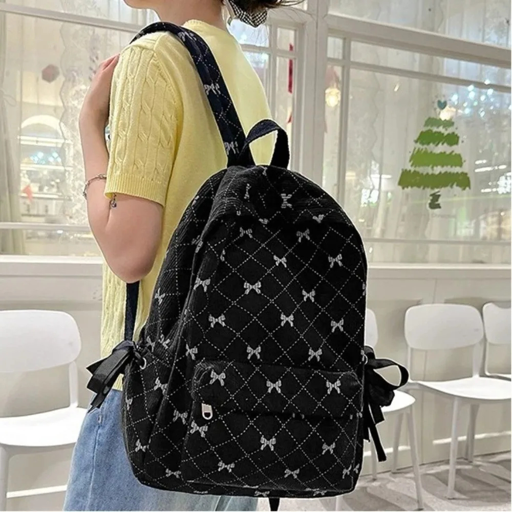 Fashion Korean Style Corduroy Backpack Large Capacity Bow Print Bow Backpack Adjustable Strap Student Schoolbag Middle School 6