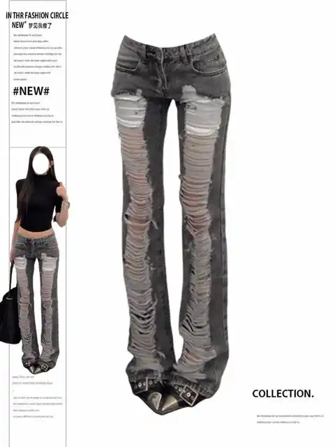 Jean slim déchiré gris pour femmes, pantalon en Denim Vintage Y2k Harajuku, Style japonais des années 2000, Emo, surdimensionné, pantalons longs, vêtements 4