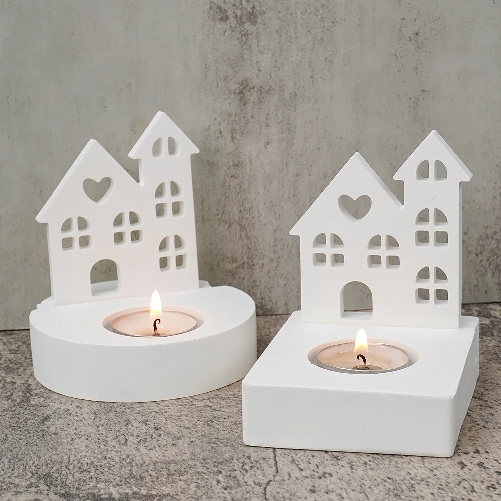 Love House Candle Holder Ornament Silicone Mold DIY Window Houses Tea Light Candlestick Molds Plaster Resin Crafts Making Mould